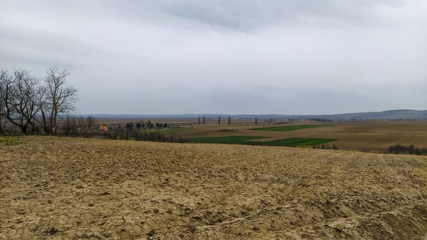 Freshly plowed field. Arable land with fertile soil for planting wheat. Rural landscape in Serbia, Balkans, namely Fruska Gora from Sremska Mitrovica. Furrows and pits. Preparatory agricultural work.