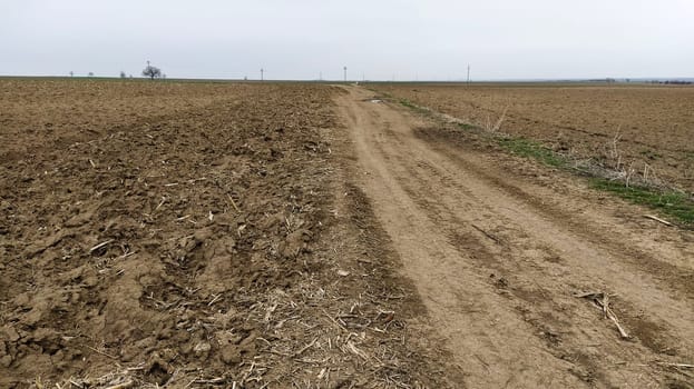 Freshly plowed field. Arable land with fertile soil for planting wheat. Rural landscape in Serbia, Balkans, namely Fruska Gora from Sremska Mitrovica. Furrows and pits. Preparatory agricultural work.