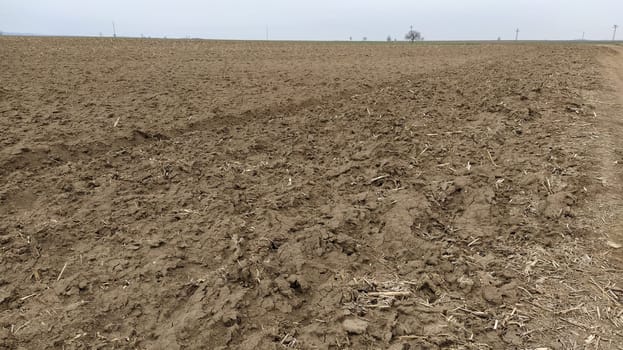Freshly plowed field. Arable land with fertile soil for planting wheat. Rural landscape in Serbia, Balkans, namely Fruska Gora from Sremska Mitrovica. Furrows and pits. Preparatory agricultural work