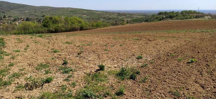 The slopes of the mountains with agricultural fields. Freshly plowed soil. Land cultivation and agricultural work. Fruska Gora, Serbia, Balkans