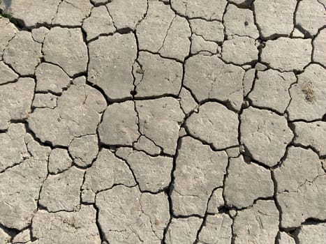 Cracks in the ground. Aridity. Gray soil. Desert. Close up of cracked mud. Texture.