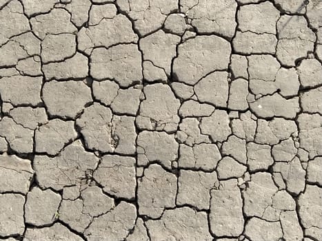 Cracks in the ground. Aridity. Gray soil. Desert. Close up of cracked mud. Texture.
