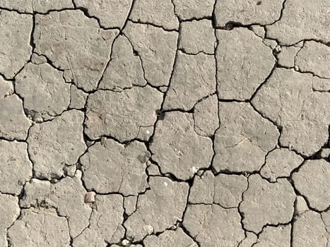 Cracks in the ground. Aridity. Gray soil. Desert. Close up of cracked mud. Texture.
