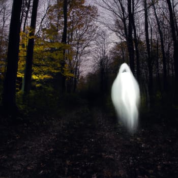 A ghostly vision in white robes roams between tree trunks. Ghost in the paranormal world. Horrible dream. Strange forest in a fog. Mystical atmosphere. Dark wood. Background wallpaper. Gloomy times