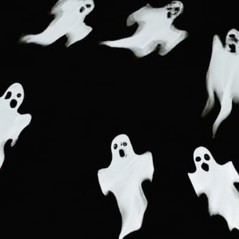 Ghostly visions in white robes scream and fly in the dark. Ghosts in the terrible dream. Mystical atmosphere. Halloween, All Hallows Eve, All Saints Eve. Hallucinations, delusions, mental illness.