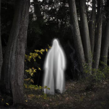 A ghostly vision in white robes roams between tree trunks. Ghost in the paranormal world. Horrible dream. Strange forest in a fog. Mystical atmosphere. Dark wood. Background wallpaper. Gloomy times