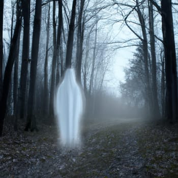 A ghostly vision in white robes roams between tree trunks. Ghost in the paranormal world. Horrible dream. Strange forest in a fog. Mystical atmosphere. Dark wood. Background wallpaper. Gloomy times