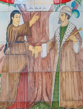 Fuente del Arco - Spain - Nov 1st, 2022: Depicting of King Jayon Legend. Our Lady of Ara, Fuente del Arco, Badajoz, Spain
