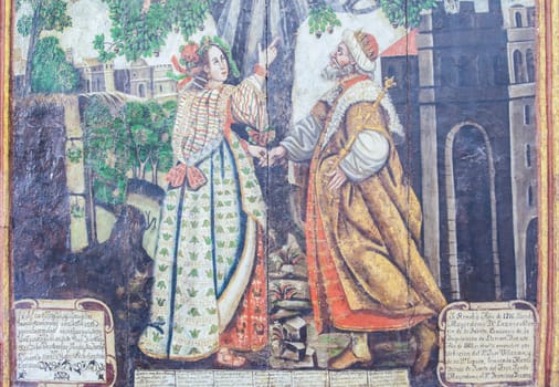 Fuente del Arco - Spain - Nov 1st, 2022: Depicting of King Jayon Legend. Our Lady of Ara, Fuente del Arco, Badajoz, Spain
