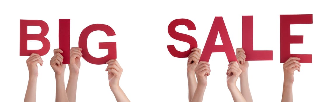 People Or Persons Hands Building English Word Big Sale. Isolated White Background.