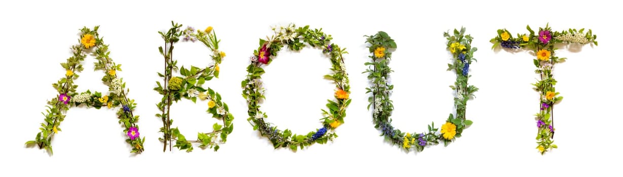 Blooming Flower Letters Building English Word About. Colorful Spring and Summer Blossoms. White Isolated Background.