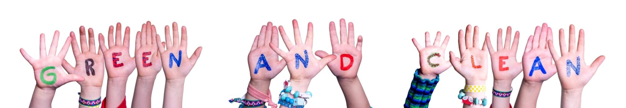 Children Hands Building Colorful English Word Green And Clean. Isolated White Background.
