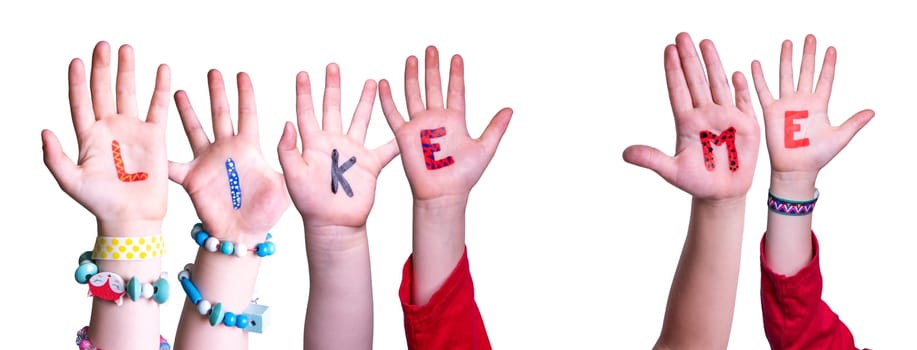 Children Hands Building Colorful English Word Like Me. Isolated White Background.