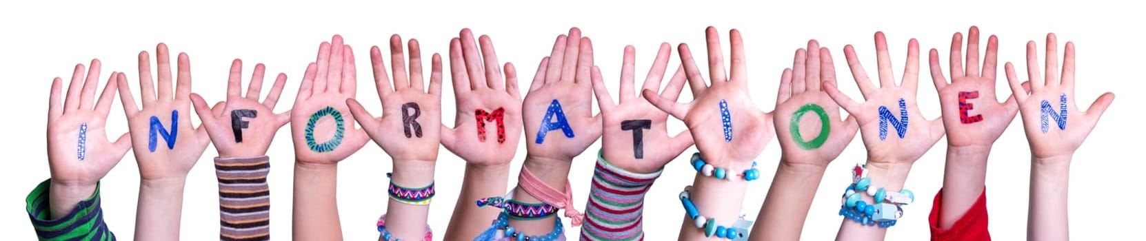 Children Hands Building Colorful German Word Informationen Means Information. Isolated White Background.