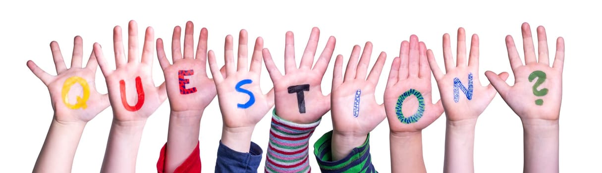 Children Hands Building Colorful English Word Question. White Isolated Background