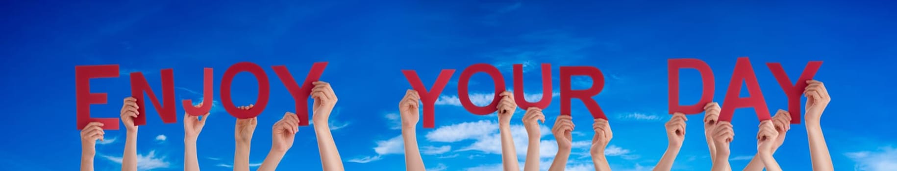 People Or Persons Hands Building English Word Enjoy Your Day. Summer Ocean, Sea And Beach As Background.