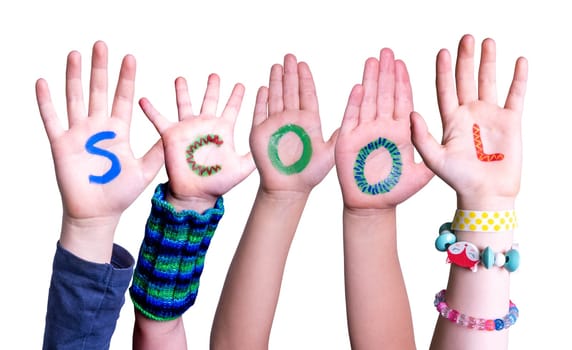 Children Hands Building Colorful English Word School. Isolated White Background.