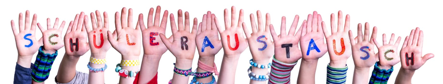 Children Hands Building Colorful German Word Schueleraustausch Means Student Exchange. Isolated White Background.