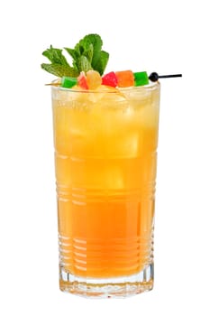 Tall glass of cold mango and passion fruit lemonade isolated on white background