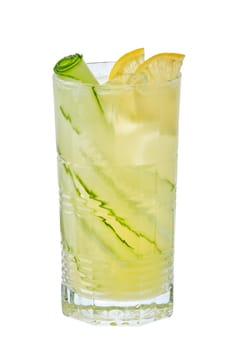 Tall glass of cold lemon and cucumber lemonade isolated on white background