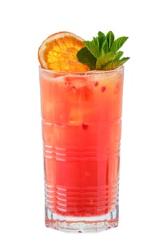 Tall glass of cold bloody orange lemonade isolated on white background