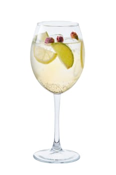 Cold white sangria with dry rosebuds in wine glass isolated on white background