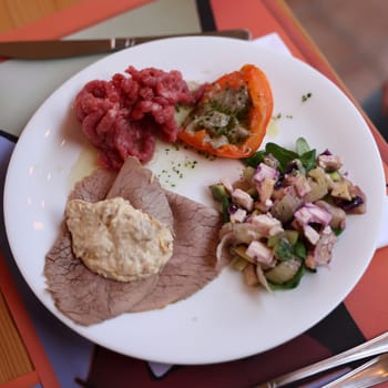 A delicious starter from Piedmont. Steak tartare, carpaccio, stuffed peppers, and salad