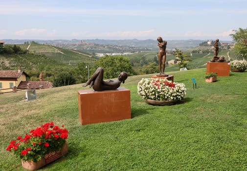 Grinzane Cavour, Italy - Sept 8, 2022: Open air art installation with sculptures by Sergio Unia in the garden of Grinzane Cavour Castle. Piedmont, Italy