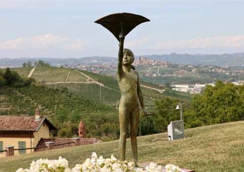 Grinzane Cavour, Italy - Sept 8, 2022: Open air art installation with sculptures by Sergio Unia in the garden of Grinzane Cavour Castle. Piedmont, Italy