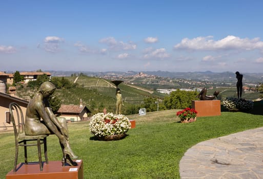 Grinzane Cavour, Italy - Sept 8, 2022: Open air art installation with sculptures by Sergio Unia in the garden of Grinzane Cavour Castle. Piedmont, Italy