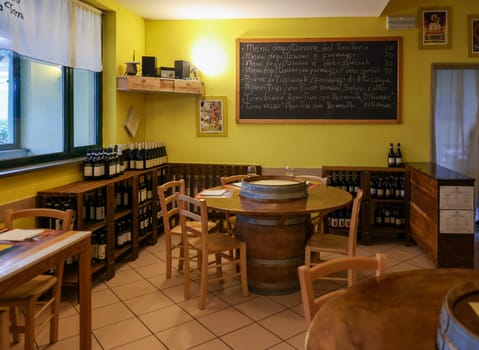 Albaretto della Torre  Italy - Sept 7  2022: The interior of the family restaurant Ristoro La Torre in Albaretto della Torre with great Piedmont cuisine