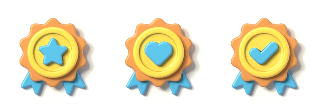 Blue yellow orange badge icon with star, heart and check mark 3D rendering illustration isolated on white background