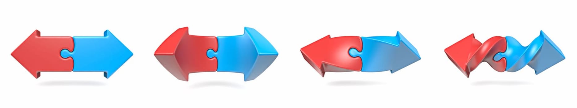 Two head puzzle red blue arrows 3D rendering illustration isolated on white background