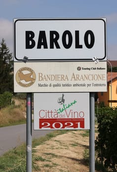 Piedmont, Italy - Sept 8, 2022: Barolo village road sign, Unesco site, Italy