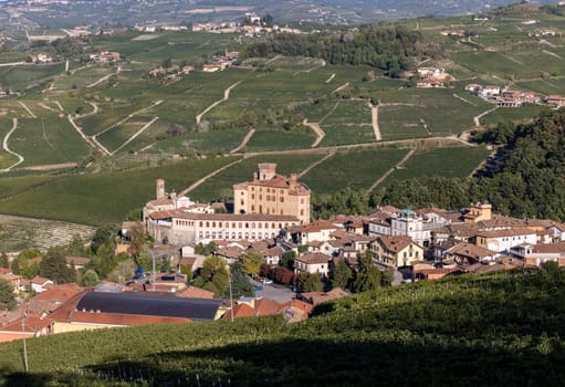 The town of Barolo, with the Falletti castle, surrounded by vineyards in Langhe region. Piedmont, Italy