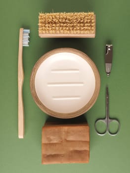 Plastic free toothbrush and hand washing brush, daily bath utensils,  renewable resources, zero waste concept, daily products.