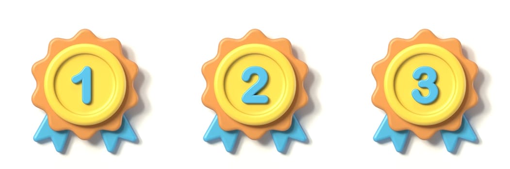 First, second and third place medals 3D rendering illustration isolated on white background