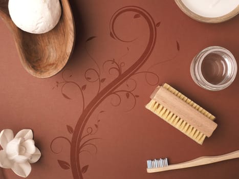 Plastic free bath utensils, homemade bath additive, renewable resources, zero waste concept, daily products.