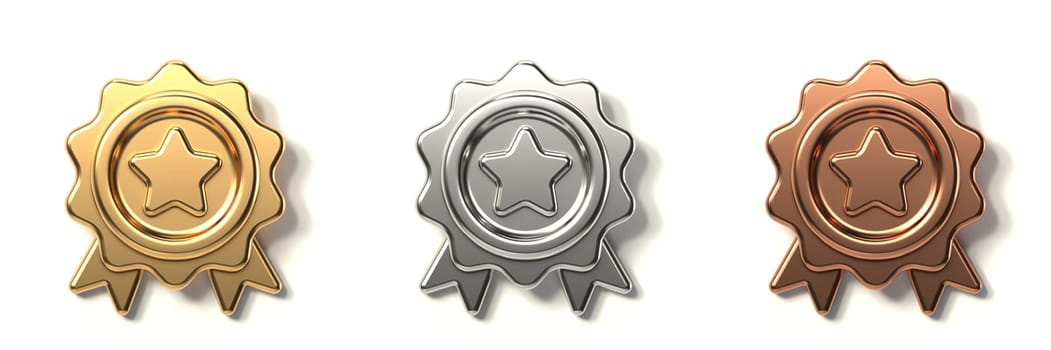 Gold, silver and bronze medals 3D rendering illustration isolated on white background