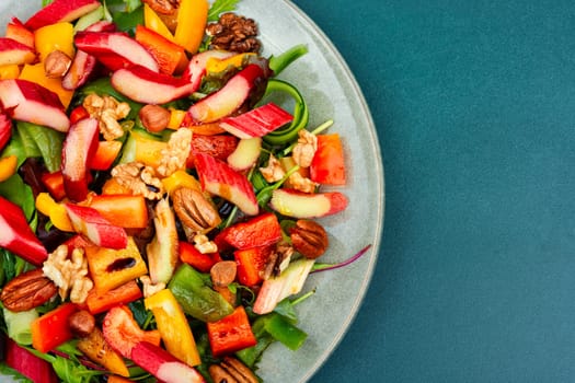 Useful spring salad of rhubarb, bell pepper, herbs and nuts. Space for text