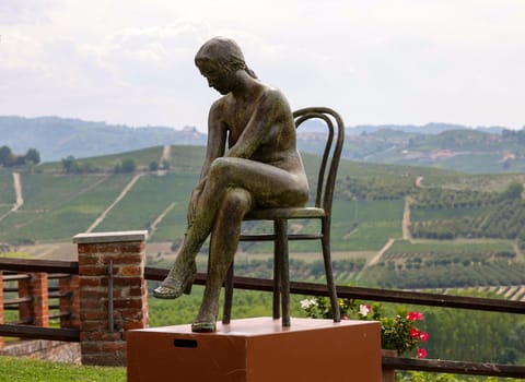 Grinzane Cavour, Italy - Sept 8, 2022: Open air art installation with sculptures by Sergio Unia in the garden of Grinzane Cavour Castle. Piedmont, Italy