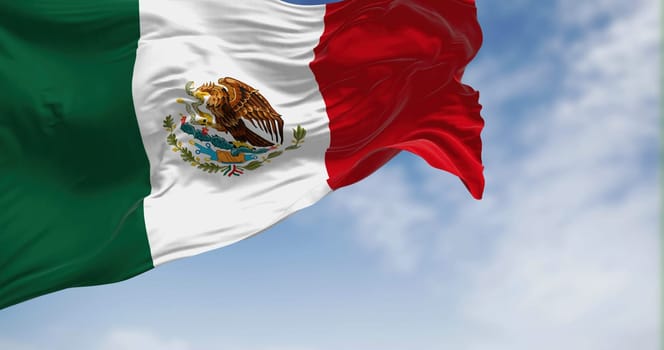 Mexican national flag waving in the wind. vertical tricolor of green, white, and red with national coat of arms in the center of the white stripe. 3D illustration render. Rippled textile