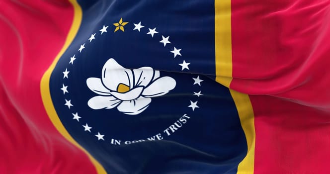 Mississippi state flag fluttering. Blue central field with red lateral bands, gold stripes. Magnolia flower in center surrounded by 20 white stars, larger golden star. 3D illustration render. Close-up