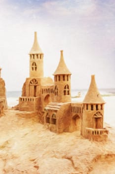 Creative illustration of sendcastles on a sunny beach with blue sky. Concept of leisure, holiday, vintage nostalgia memory