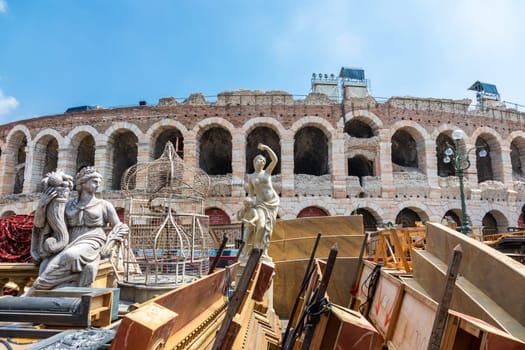 Verona, Italy - June 2022: preparing the stage for the thetre performance in the famous Arena di Verona - Aida spectacle