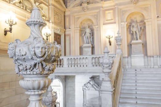 Turin, Italy - Circa January 2022: Royal Palace entrance - luxury elegant marble stairway
