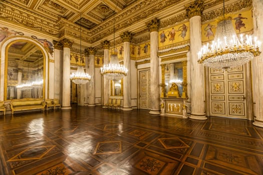 Turin, Italy - Circa January 2022: romantic old ballroom interior in Royal Palace, 1842