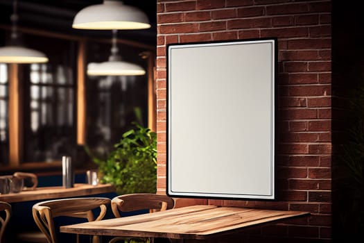 Mockup label, blank menu frame in Bar restaurant. Stand for booklets with white sheets paper on wooden table cafeteria blurred background