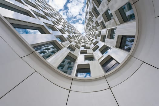 Looking up, at the facade of a high-rise building in downtown Berlin