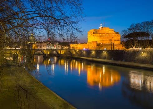 Sant' Angelo Bridge and Basilica of St. Peter at night in Rome, ItalySant' Angelo Bridge and Basilica of St. Peter at night in Rome, Italy